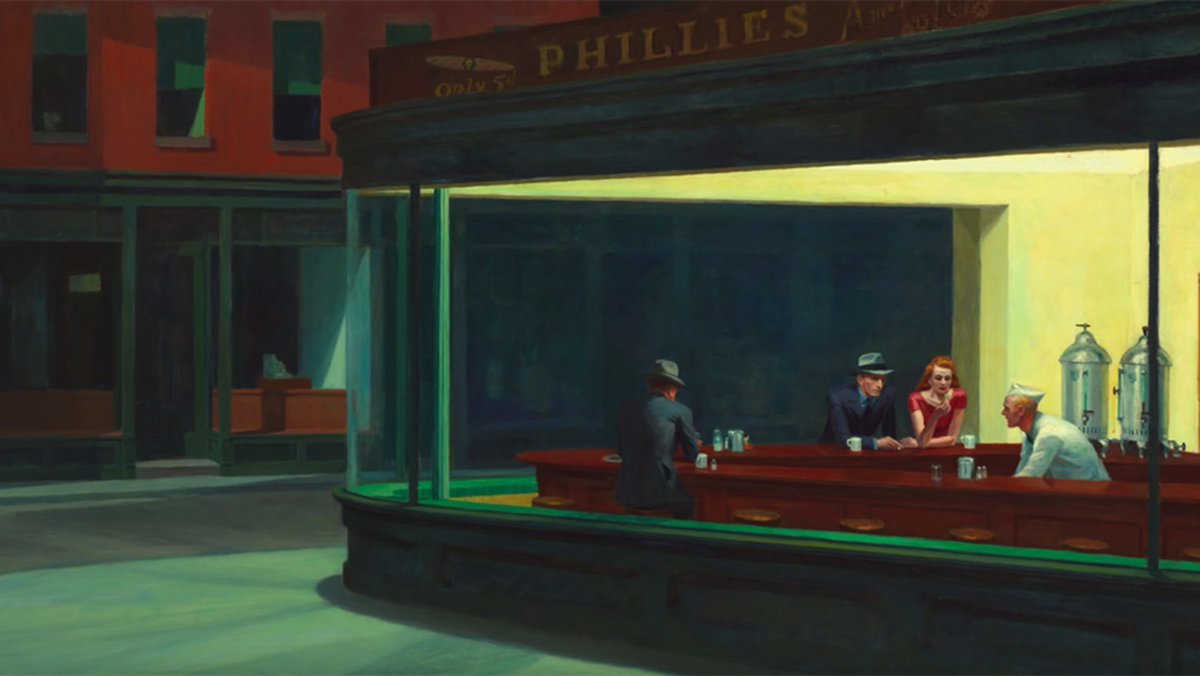 The film version of Dick’s novel is very much a tech-noir. Edward Hopper’s 1942 painting Nighthawks was a huge influence on the film’s style, as were the classic film noirs of the 1940s. Hampton Fancher wrote the part of Deckard with Robert Mitchum in mind; world-weary and stoic.