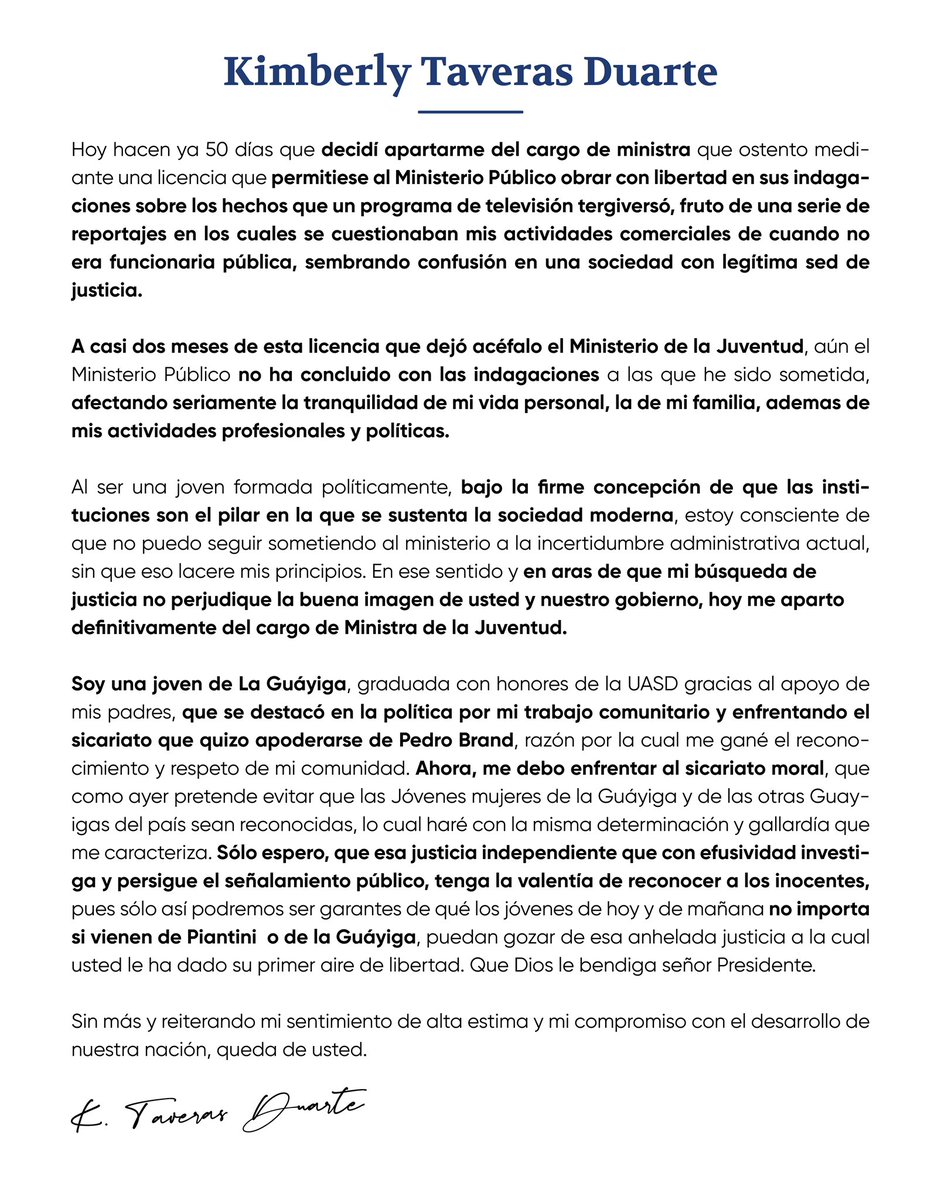 ktaverasd's tweet photo. Hoy mediante esta carta que he entregado al señor presidente Luis Abinader, he decidido apartarme definitivamente del cargo de Ministra de la Juventud, por las razones que en ella expongo. https://t.co/dAf78M9MLI