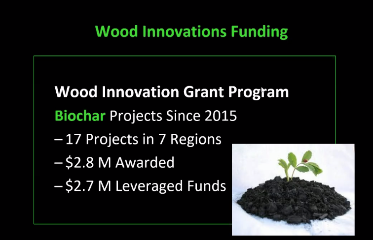 Thus far, the Wood Innovations Funding (about 35 projects a year) has funded 17 projects over 5 years. So about 10% of grants go to  #biochar.