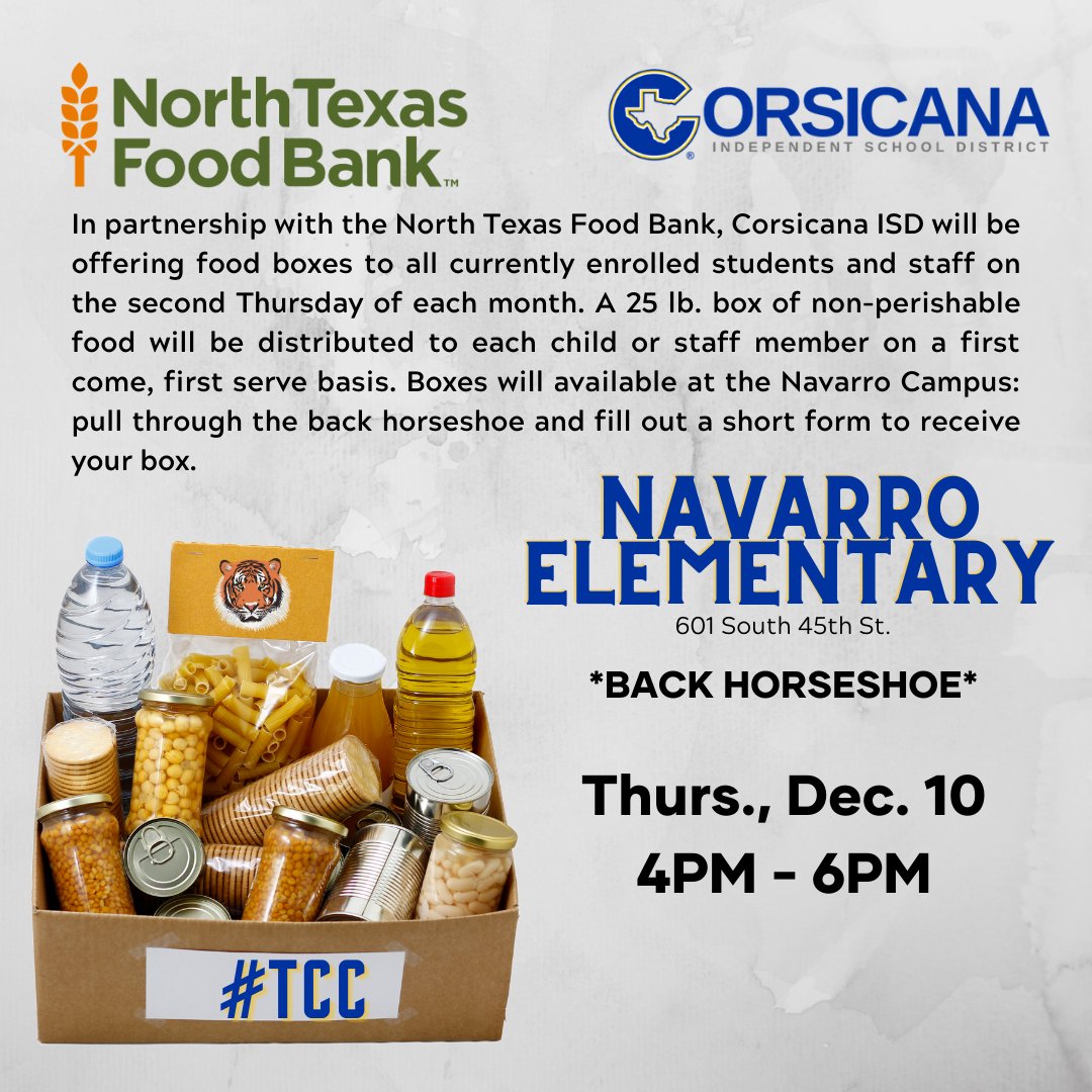 CorsicanaISD's tweet photo. Proud to partner with the North Texas Food Bank for another food distribution for CISD students and staff - Thurs., Nov. 10 from 4pm-6pm. #CorsicanaISD #TCCNextLevel @NavarroCISD https://t.co/CHK3NKiz5B