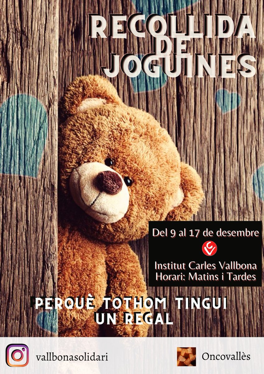 VallbonaAmpa's tweet photo. NADAL SOLIDARI - INS CARLES VALLBONA

Els alumnes de Cicle Formatiu de Grau Mitjà d’Activitats Comercials,  proposen les següents campanyes solidàries a totes les famílies del centre. https://t.co/M7jHvRhlUR