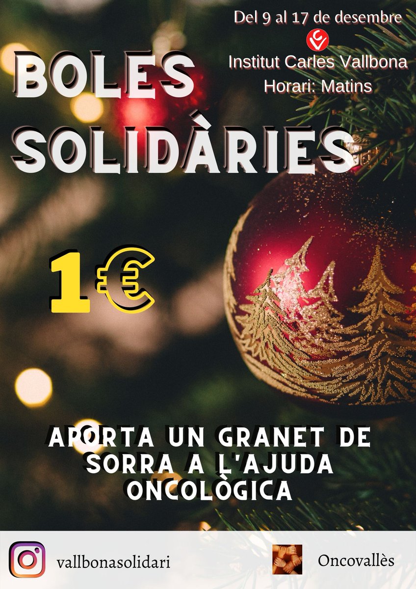 VallbonaAmpa's tweet photo. NADAL SOLIDARI - INS CARLES VALLBONA

Els alumnes de Cicle Formatiu de Grau Mitjà d’Activitats Comercials,  proposen les següents campanyes solidàries a totes les famílies del centre. https://t.co/M7jHvRhlUR