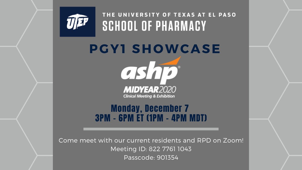 UTEPSOP's tweet photo. Don't forget to visit our virtual booths at today's #ASHP20 Residency Showcase!

 PGY1 Community-Based Pharmacy Residency Booth: https://t.co/fbRB4LIPpT

PGY2 Pharmacotherapy Residency Booth: https://t.co/wPZlaYewuT https://t.co/74ZnL2uIIK