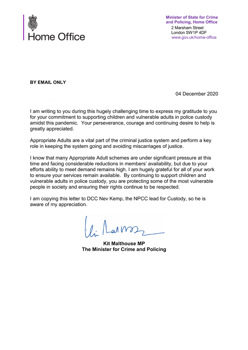 Minister of State for Crime and Policing <a href="/kitmalthouse/">Kit Malthouse MP</a> <a href="/homeoffice/">HomeOffice</a> has written to #appropriateadults who have attended police custody during the Covid-19 pandemic to thank them for their "perseverance, courage and continuing desire to help" children and vulnerable adult suspects.