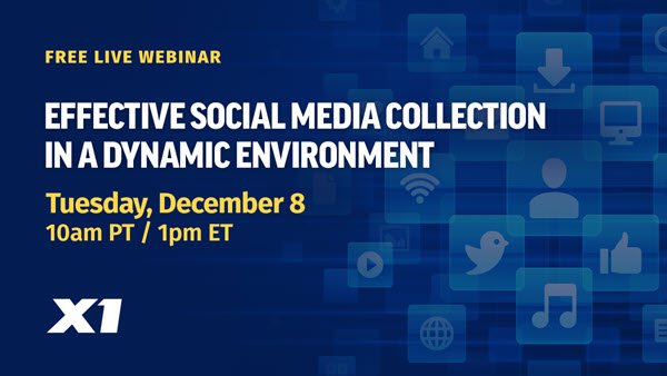 X1Discovery's tweet photo. There is still time to register for the @X1Discovery upcoming webinar Dec. 8 on social media collection in a dynamic environment. Join us to learn more on collection with the new Facebook layout. https://t.co/eMXlKTDzEm #socialmedia #webinar #investigations https://t.co/P9PQpLJVj8