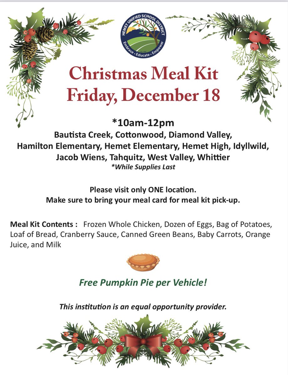 HUSDNutrition's tweet photo. A special Christmas meal kit distribution will be on December 18th from 10am-12pm. See flier below for details.
#husdpremier #parentresourcecenter https://t.co/THUhypRzkZ