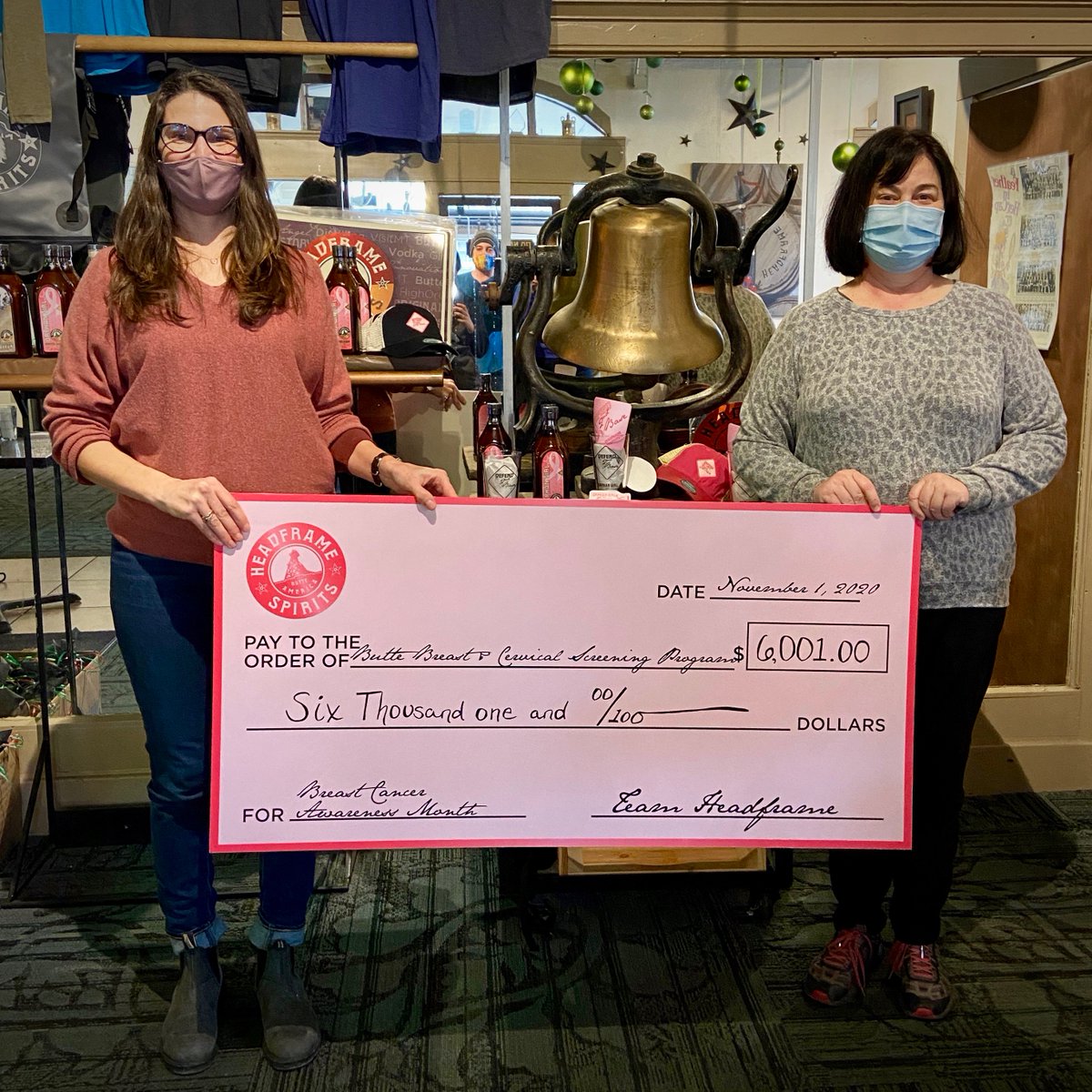 Today, Headframe Spirits had the honor of presenting a check for $6001 to the Butte Local Fund of the Breast &amp; Cervical Cancer Screening Program. This donation could provide 12 women in the area with breast &amp; cervical exams. Thanks to all who helped make this such a success!