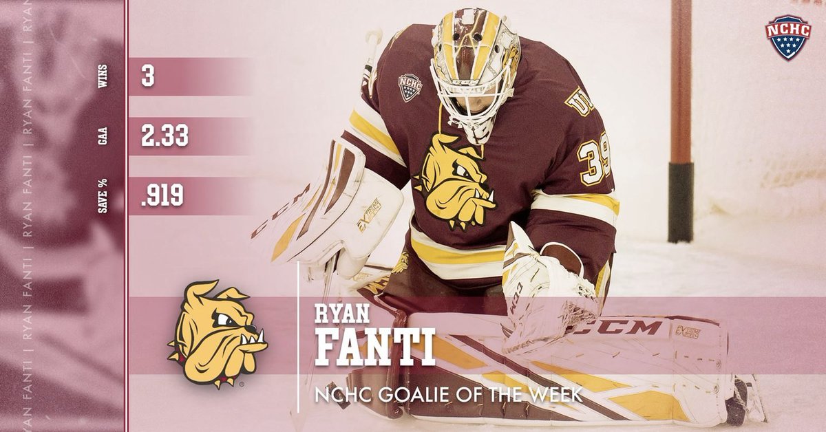 UMDBulldogs's tweet photo. JUST IN: Fanti tabbed as the first NCHC Goalie of the Week in 2020-21! Congrats Ryan!

Story https://t.co/59Oel7TzKk
NCHC Release https://t.co/pCGNgEIsjz

#BulldogCountry https://t.co/t39ndo5LvF