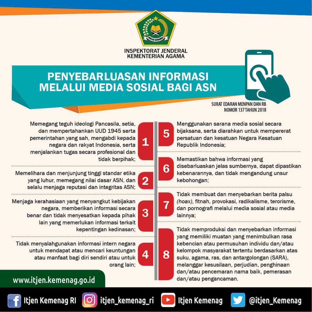 Selamat pagi, salam #SobatItjen #SahabatReligi

Di era digital ini, begitu banyak informasi yg beredar di linimasa kita.

Sebagai ASN <a href="/Kemenag_RI/">Kementerian Agama RI</a> harus memperhatikan etika penyebarluasan informasi melalui media sosial.

<a href="/kempanrb/">Kementerian PANRB</a> 

#ItjenKemenag
#KemenagLebihBaik
#BersihMelayani