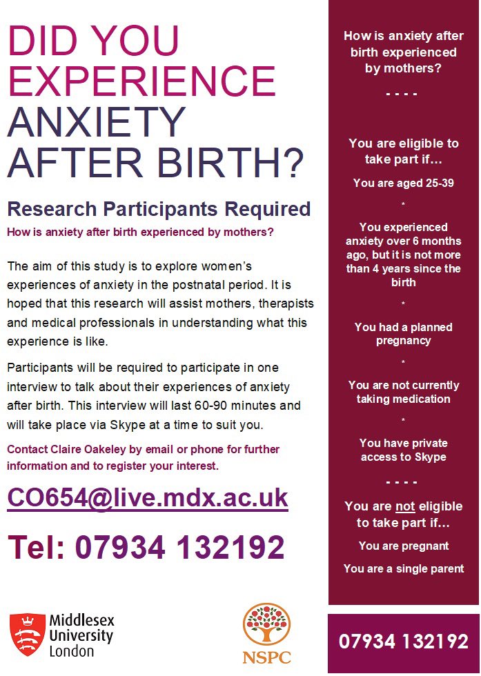 My research supervisee is looking for her last participant for her doctoral research. If you experienced anxiety after birth you might be interested in taking part. Interviews will take place virtually.
Please retweet! #anxiety #mothers #postnatalanxiety