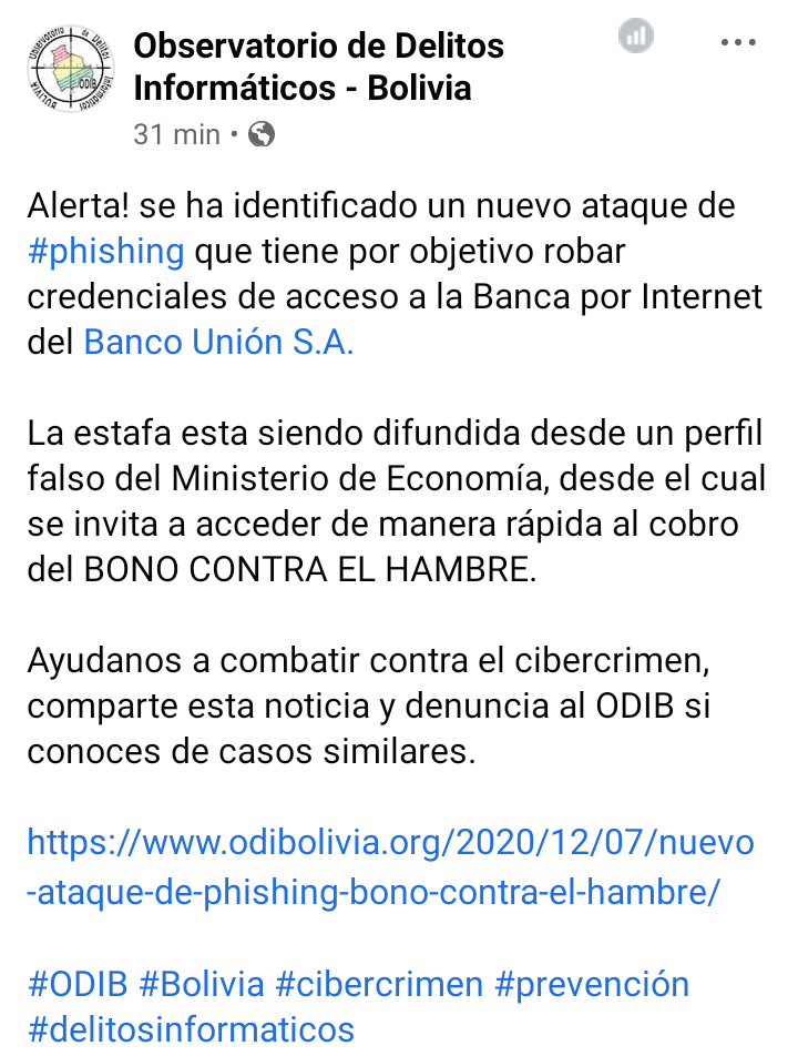 Ju_Samka's tweet photo. Del muro de #ODIB:
Se ha identificado un nuevo ataque de suplantación de la Banca por Internet del @BancoUnionSA que tiene por objetivo robar credenciales de UNINET:
https://t.co/u26xTIIxtx
#Phishing #Bolivia https://t.co/I4AzhXJiaz