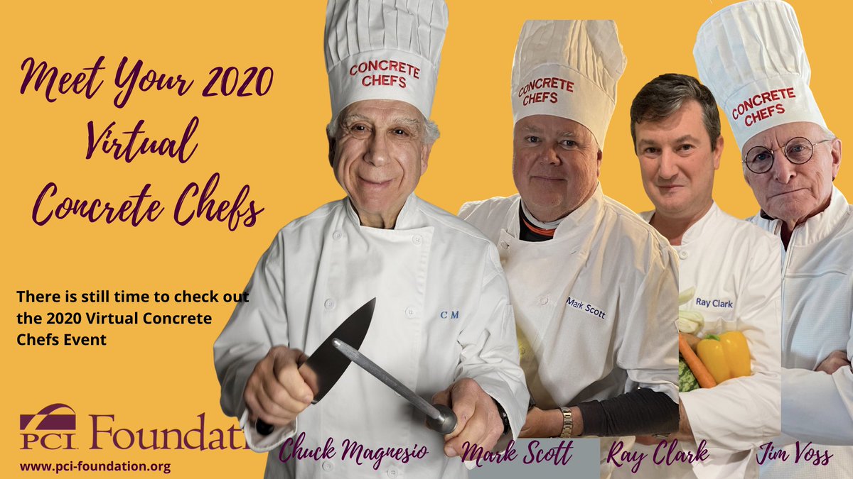 PCIFoundation's tweet photo. If you missed Virtual Concrete Chefs the first time around, you can still catch it on our website. And see who donated on the donor page. Check out the blog! https://t.co/s8Vgg3aXoJ #howprecastbuilds #learnprecast #concretechefs https://t.co/tgkCtQCZ4Y