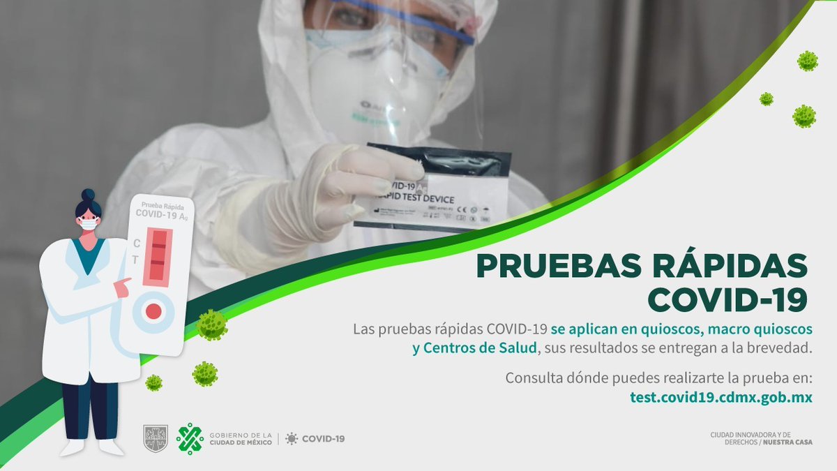 GobCDMX's tweet photo. ¿Estuviste en contacto con un positivo a #COVID19 en los últimos días? 😷

Ponemos a tu disposición Pruebas Rápidas 🧪 para la detección del virus SARS-CoV-2 en quioscos, macro quioscos y Centros de Salud: https://t.co/VzDid6BFPD 

Recuerda que son totalmente gratuitas. https://t.co/1VUib1l7UG