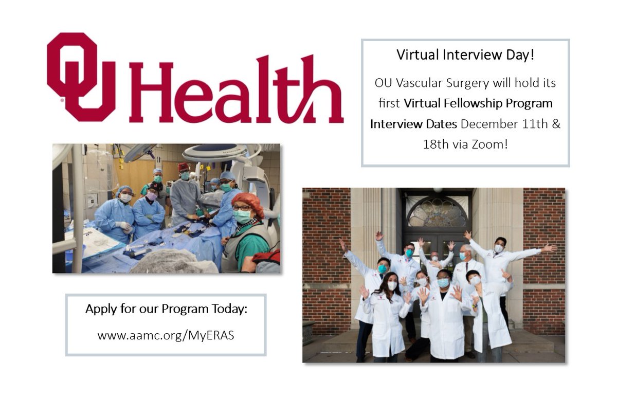 KempeKelly's tweet image. Happy #InterviewWeek! @OUVascular will be hosting its first #VirtualInterviewDate for our #VascularSurgeryFellowship program this Friday 12/11! Very excited to meet the candidates! #VascularSurgery #ComprehensiveVascularCare