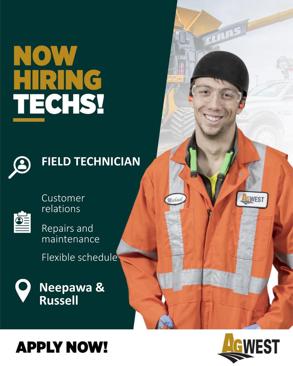 agwestltd's tweet image. Russell and Neepawa field techs needed.  Work with a fully equipped service truck and with one of the best companies around. #agwest #Careers #fieldtechs #technicians #jobopportunity