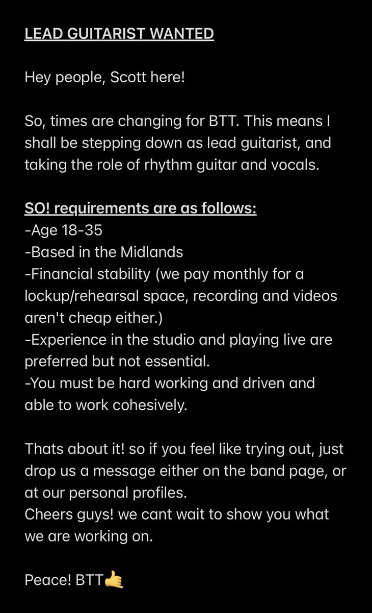 LEAD GUITARIST WANTED!  
Read through and if you think you have what it takes or know someone, tag them in the comments or message us on here or Facebook!

#band #metal #metalcore #metalcoreband #metalcoremusic #rock #leadguitarist #leadguitar #midlands #search #is #on #wanted