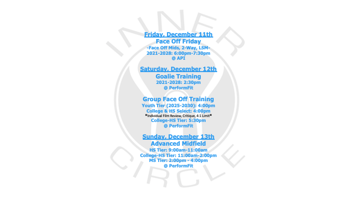 innercirclelax's tweet photo. The Best Face Off Training: Face Off Friday @APItrainsMD - FO Mids, 2-Way Mids, LSMs plus Goalie Training, Group Face Off Training on Saturday @PerformFit_MD &amp; Adv. Midfield on Sunday!  #elitelacrossetraining #moveupthedepthchart #ownthecircle #lacrosse https://t.co/s2BlYKws1U https://t.co/PujXeiRwbZ