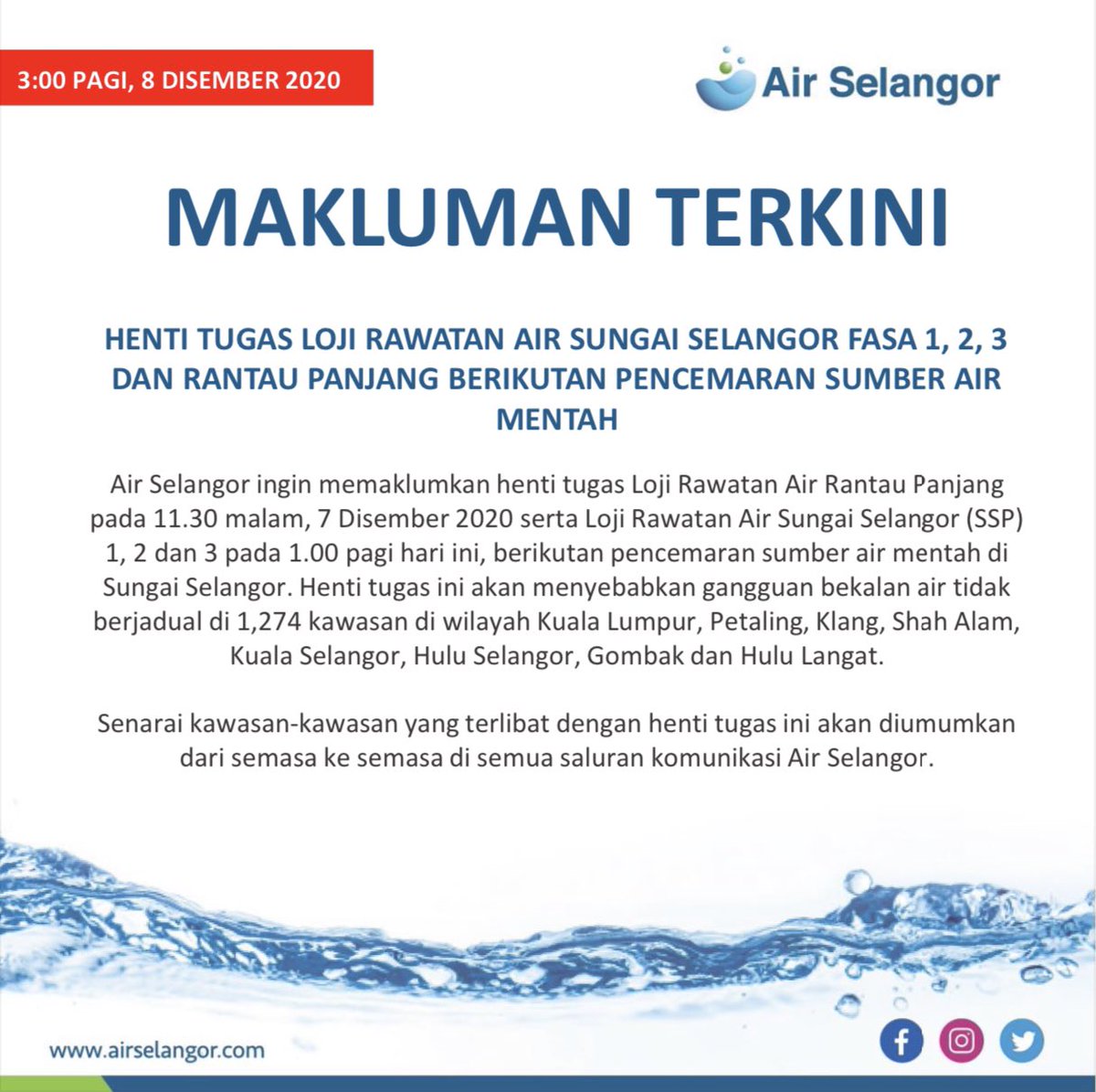 Air Selangor On Twitter Air Selangor Ingin Memaklumkan Henti Tugas Loji Rawatan Air Rantau Panjang Pada 11 30 Malam 7 Disember 2020 Serta Loji Rawatan Air Sungai Selangor Ssp 1 2 Dan 3