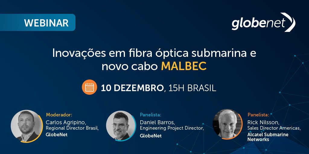 Registre-se no nosso webinar dia 10 de dezembro e saiba mais sobre as últimas inovações em fibra óptica e nosso novo sistema de cabos submarinos MALBEC, oferecendo a menor latência da Argentina para o Brasil, EUA e resto da América Latina. ow.ly/y56w50CF2FE