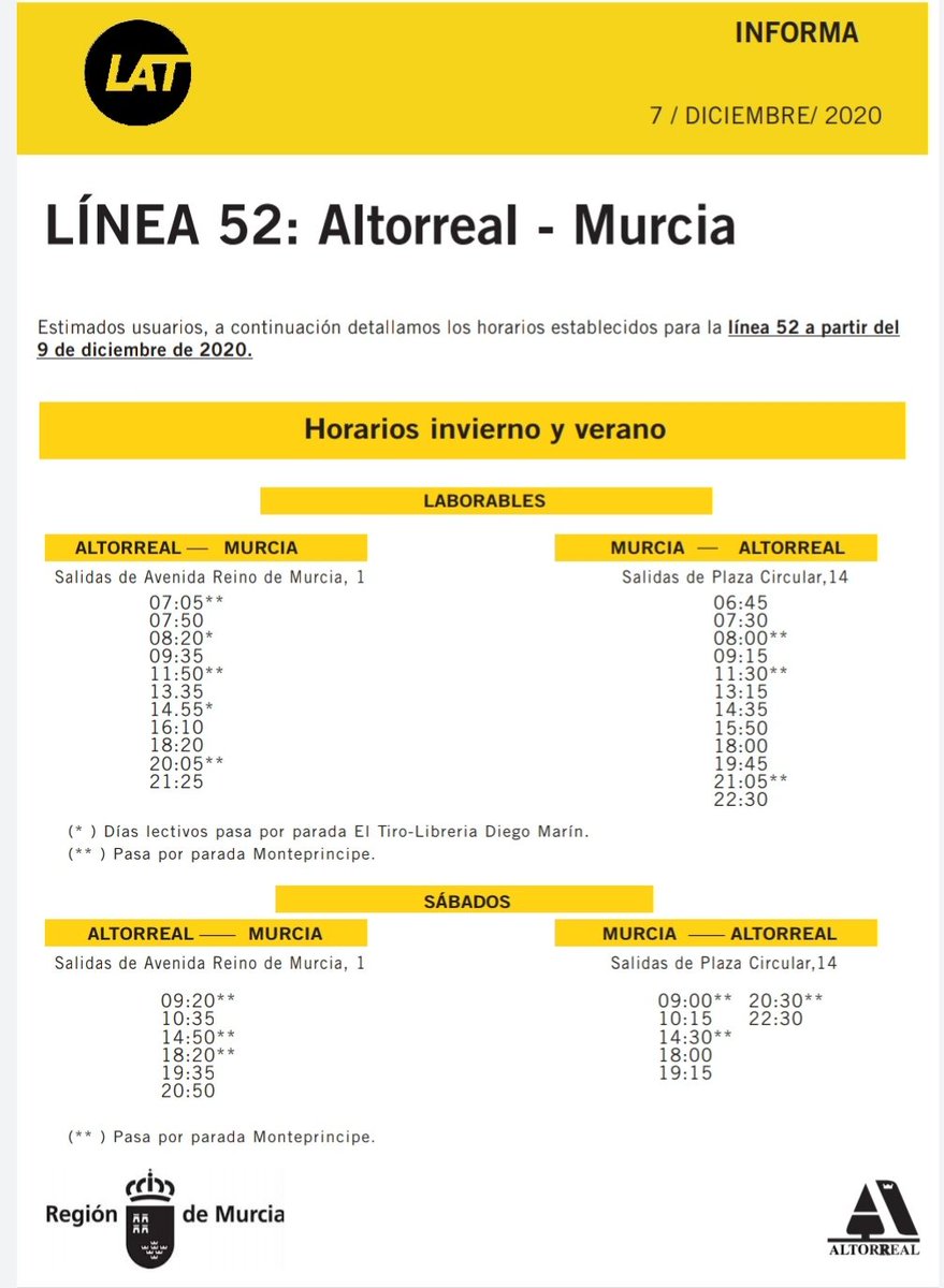 candeu2015's tweet photo. #Altorreal #Aviso. Tal y como se comprometió @Fomento_RM, una vez finalizada la prohibición de movilidad entre los municipios, nos devuelven las expediciones subvencionadas. A partir del miércoles nuevos horarios #Linea52 @AutobusesLAT https://t.co/ssGrlSxSs8