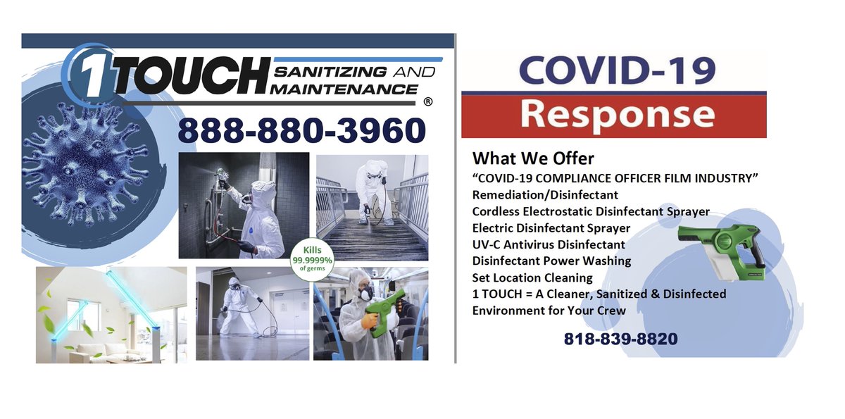 CreativeHandbk's tweet photo. “COVID-19 COMPLIANCE for FILM INDUSTRY” Remediation/Disinfectant 
Electrostatic Disinfectant Sprayer Electric Disinfectant 
UV-C Antivirus Disinfectant 
Disinfectant Power Washing 
Set Location Cleaning, Sanitized &amp; Disinfection for Crew #creativebook https://t.co/0KpB7lpDss https://t.co/EloHN3F5S4