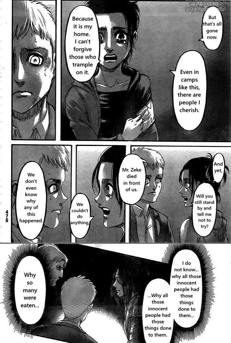 As the Marley arc comes to a close this is where Everything Gabi does is Justified with full reason on why she does it Gabi to most people and is completely misunderstood and taken the wrong way once you come to understand her character she’s very well written and fleshed out