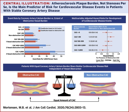 MaBMortensen's tweet image. Proud of our JACC paper showing that &quot;plaque burden, not stenosis, is the main predictor of CVD events&quot;. Important data that challenge the current primary/secondary prevention paradigm where focus mainly is on lumen stenosis when quantifying CAD severity.
jacc.org/doi/10.1016/j.…
