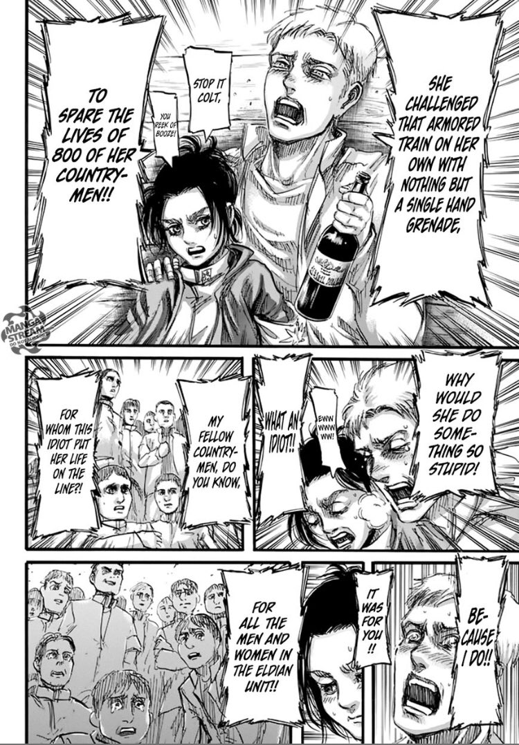 As we can see Gabi really looks up to Reiner who so happens to also be her cousin, on there way home everyone celebrates Gabi for being the one to stop the armored train which boosted his pride and ego in herself which isn’t a bad thing but it also isn’t a good thing