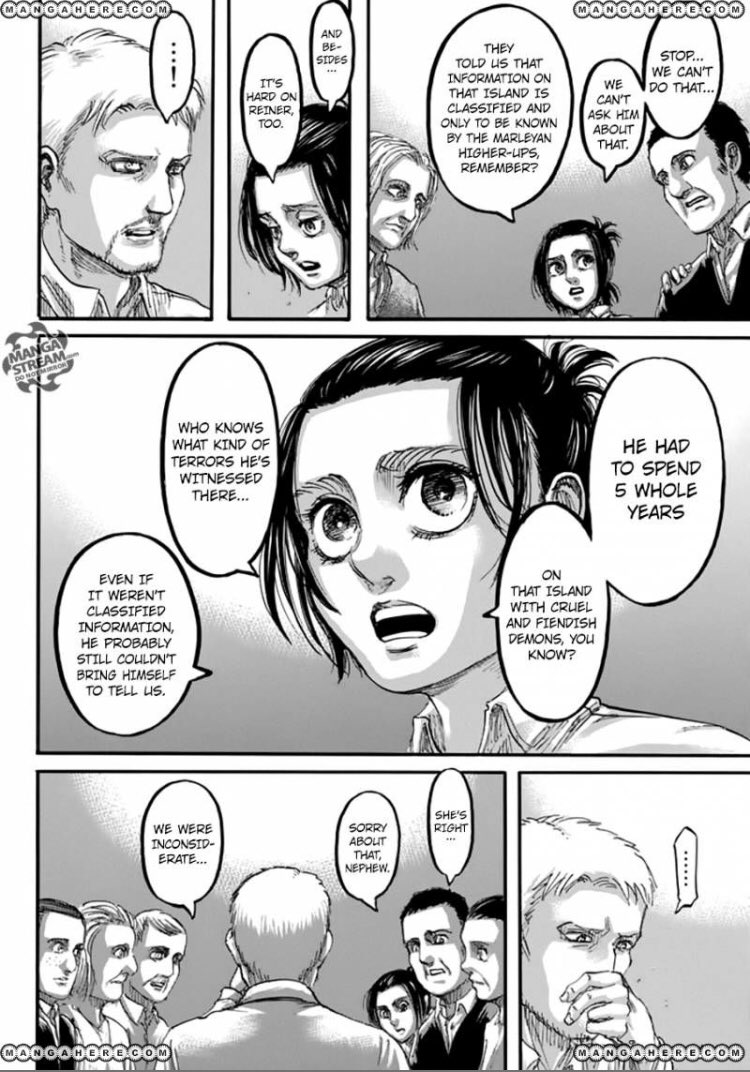 At this point in the story Gabi is convinced that everyone from the island is evil and should be eradicated from what everyone has told her especially Reiner someone who spent 5 years on the island, Gabi believes everything Reiner says and takes it to believe they’re all evil