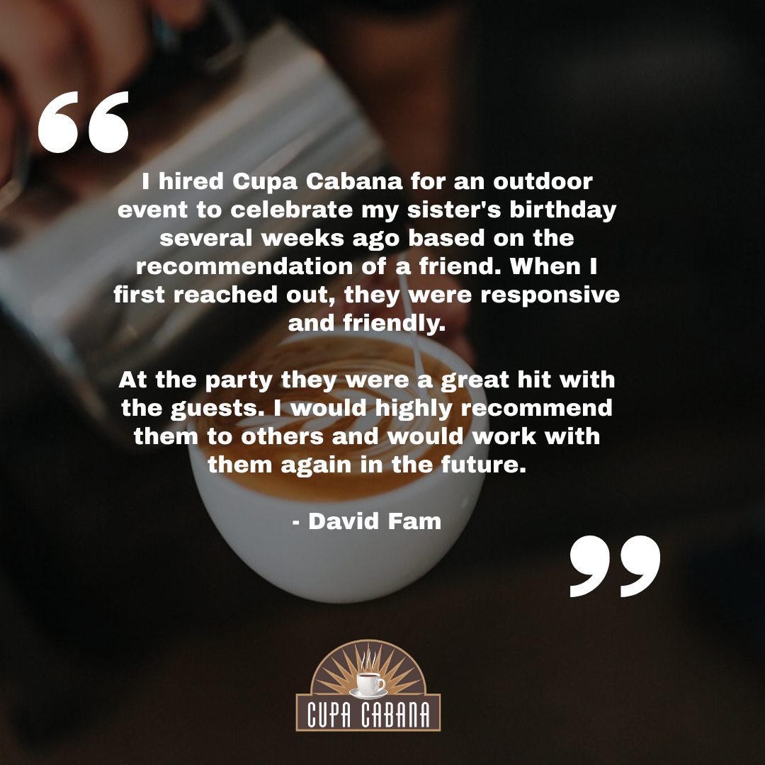 Our #mobilecoffeebars are the perfect option for topping off your outdoor party! 🎉

Thank you for working with Cupa Cabana, David. ☕️