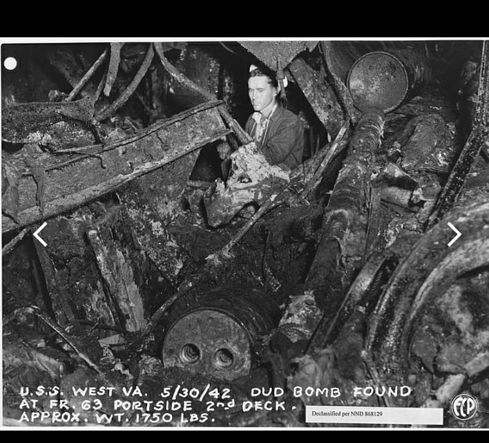 When the West Virginia was placed on dry dock for repairs, the bodies of 66 sailors were found who had been trapped below deck when the ship sank. Several were lying on steam pipes, in the only remaining air bubble of flooded areas. 9/