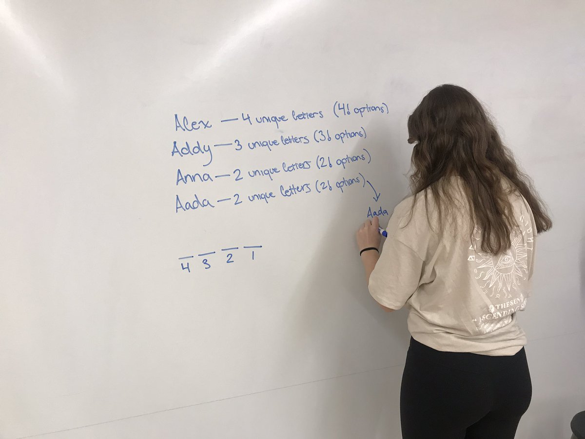 Students are good with this routine. We’ve been collaborating virtually. They know they have to work on individual boards but can chat. They look to the red marker for hints. We lean on our knowledge of Permutations from two weeks ago.