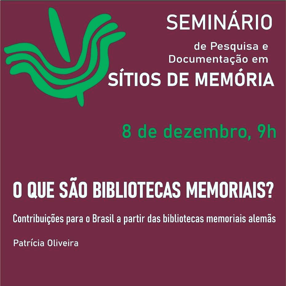 memolibraries's tweet image. Amanhã, no segundo dia do III Seminário de Pesquisa e Documentação em Sítios Memoriais, a palestra da bolsista #Buka #AvH Patrícia Oliveira, sobre Bibliotecas Memoriais (9h manhã horário de Brasília)