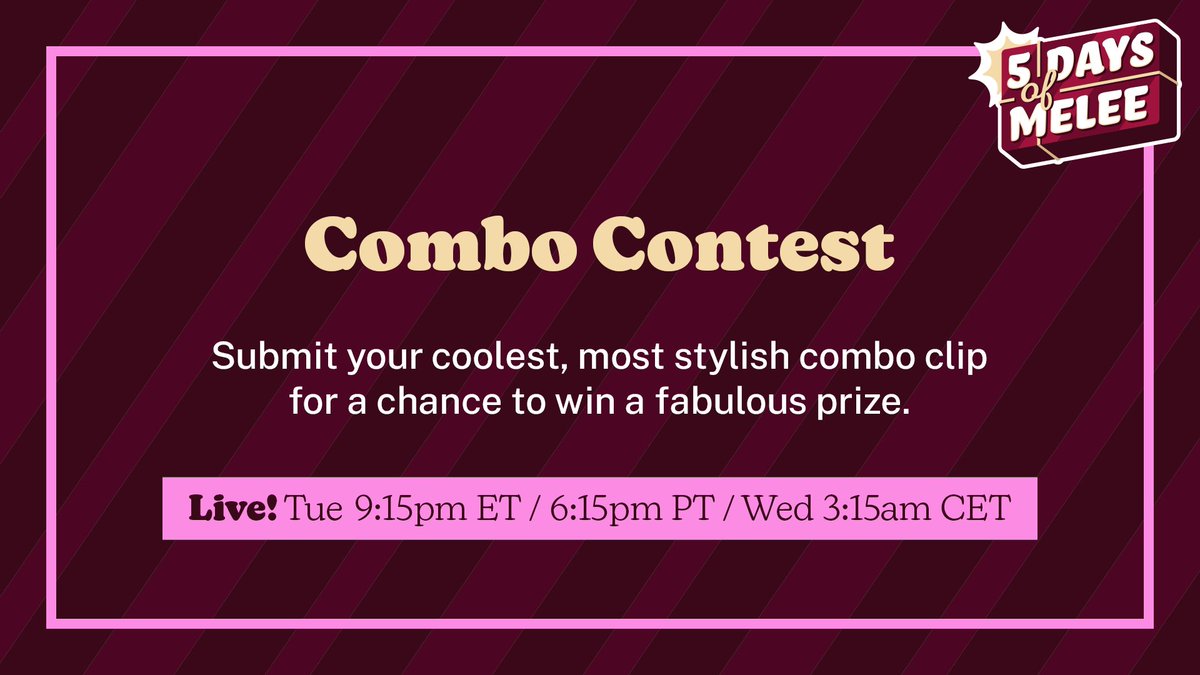 MeleeItOnMe's tweet image. Announcing the 5 Days of Melee Combo Contest! #MeleeWeek

Show us your sickest, NUTTIEST combos! Our favorites will be judged LIVE on stream by our TBA Panelists 👀

🗳 To enter: QRT ➡THIS⬅ tweet with your combo
🗓 Deadline: Dec 9 @ 23:59 PST

🎁 Winner gets a secret prize!