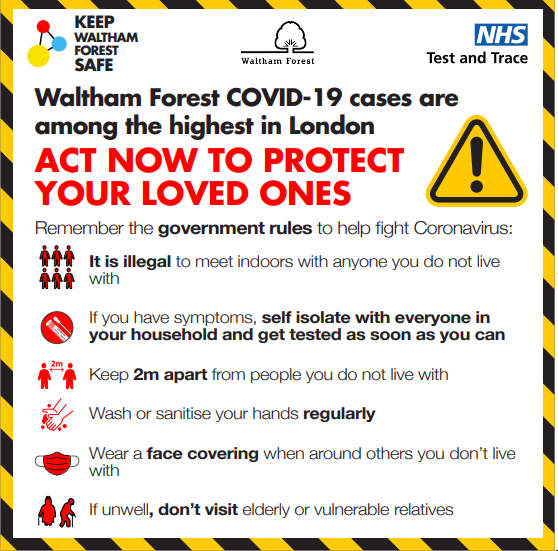 ⚠️Cases are rising in #WalthamForest and we need your help to stop the spread of Covid-19. 

Remember: 
Work from home if you can 
Wear a face covering when travelling or shopping
Self-isolate and book a test if you have symptoms - (119 or orlo.uk/3uhkF)

#StaySafeWF