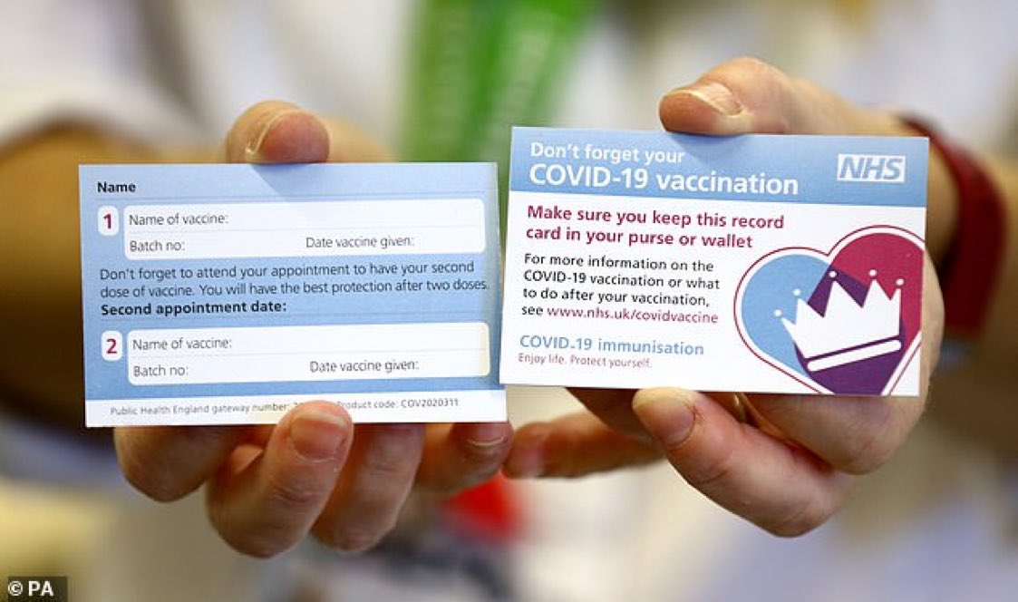 VACCINATION CARD—This is the proof of vaccination card from  @NHSuk, national health system of . Aka “vaccine passports”, this may be something that will likely become popular next year as we seek to reopen crowded business venues safely. 2021 will be a brave new world.  #COVID19