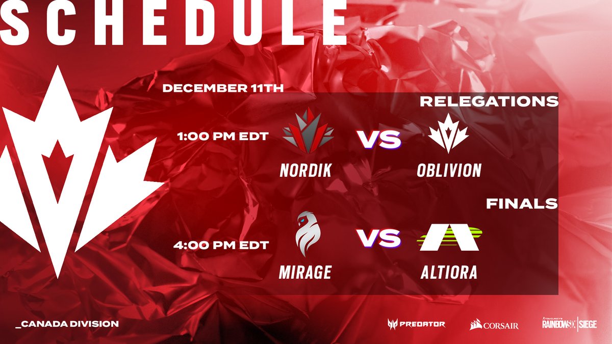 📅 December 11th
🕐 1 PM EDT - <a href="/NordikGG/">Nordik Esports</a> vs <a href="/TeamOblivionCA/">Team Oblivion</a> 
🕓 4 PM EDT - <a href="/MirageSportE/">Mirage 🦉</a> vs <a href="/AltioraGG/">Altiora</a> 
📺twitch.tv/Rainbow6