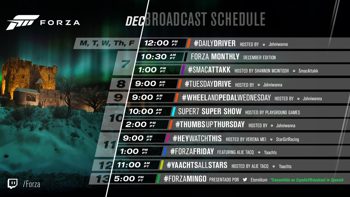 ForzaMotorsport's tweet photo. We hope everyone enjoyed the last Forza Monthly show of the year! Here are the rest of the great streams happening this week. https://t.co/adXEz8xMWj