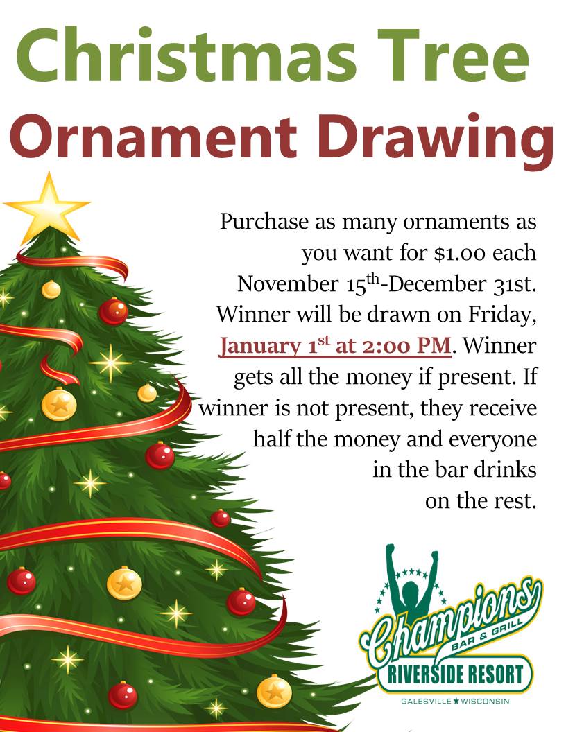 Don't forget to get entered into our ornament drawing! Only $1 per ornament! Purchase at the Bar &amp; Grill or follow our link below to purchase online!
form.jotform.com/203145034011132