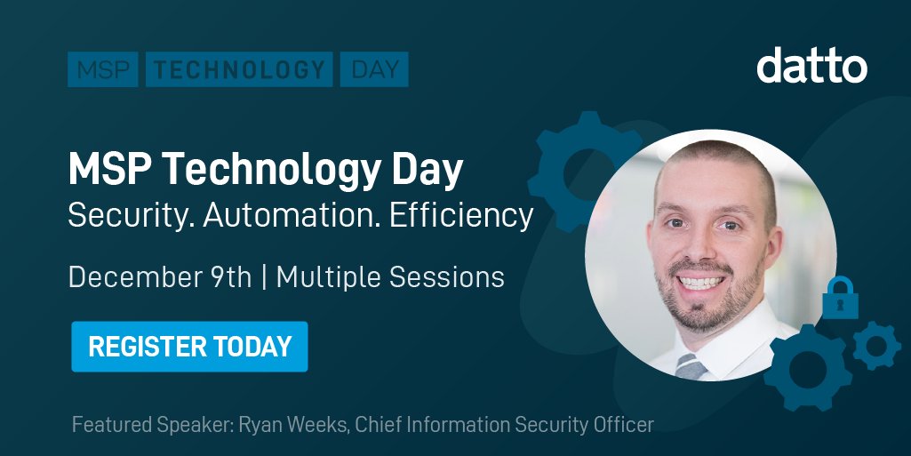 JesDiehl's tweet photo. Join Ryan Weeks, Datto CISO, for our next MSP Tech Day, December 9th, to get an update on the efforts Datto is making to protect MSPs.#DattoMSPTechDay  https://t.co/knHI4QzBKU https://t.co/uc8RZcINNl