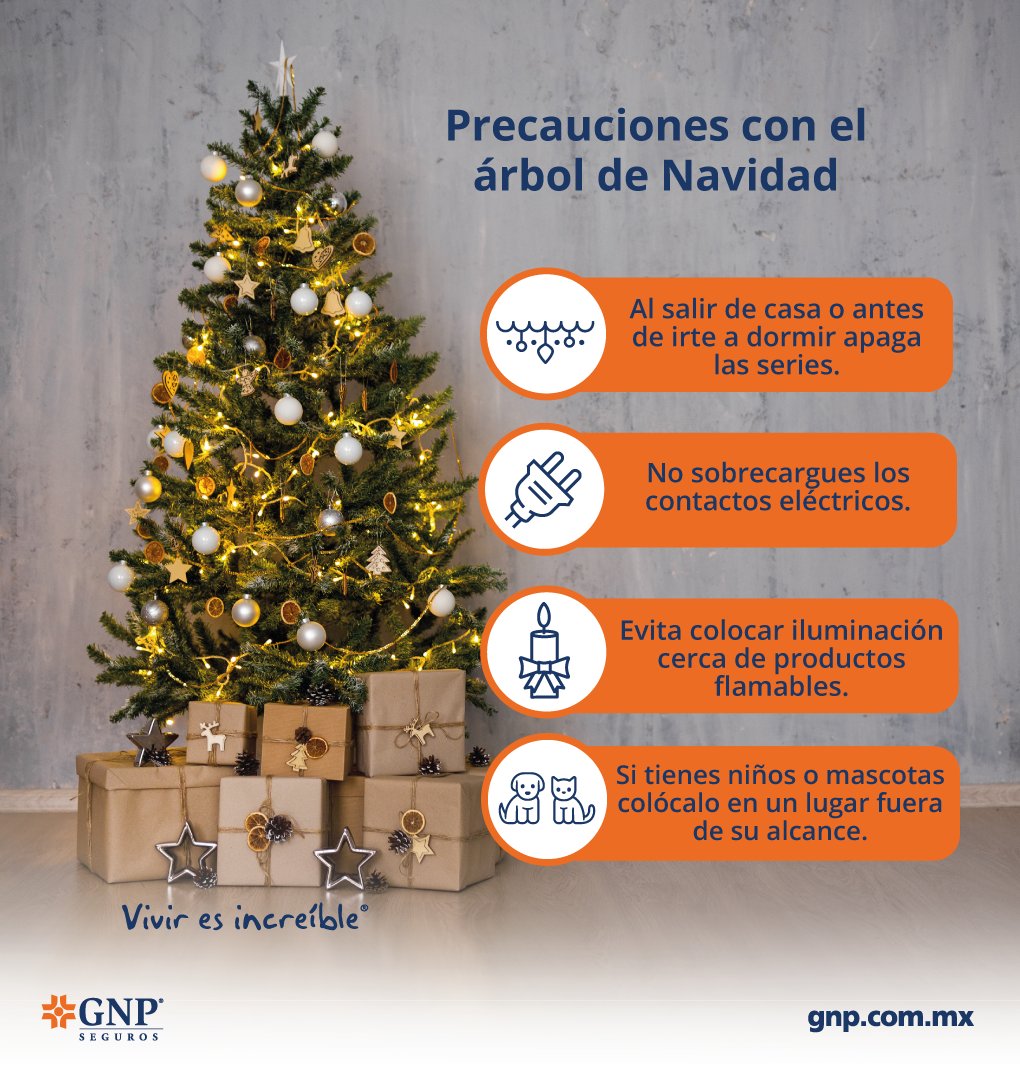 GNPSeguros's tweet photo. En la época decembrina⛄️, 60% de los incendios son provocados por incidentes relacionados con el árbol de Navidad🎄. Apagar las luces navideñas durante la noche🌃 y evitar colocarlas cerca de productos flamables🕯️ ayuda a prevenirlos😉. #Viviresincreíble https://t.co/ylCqcssUmZ