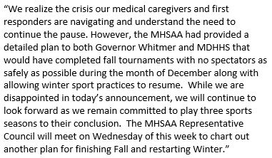 🚨 Statement from MHSAA Executive Director Mark Uyl, following today's extension of MDHHS Pause: