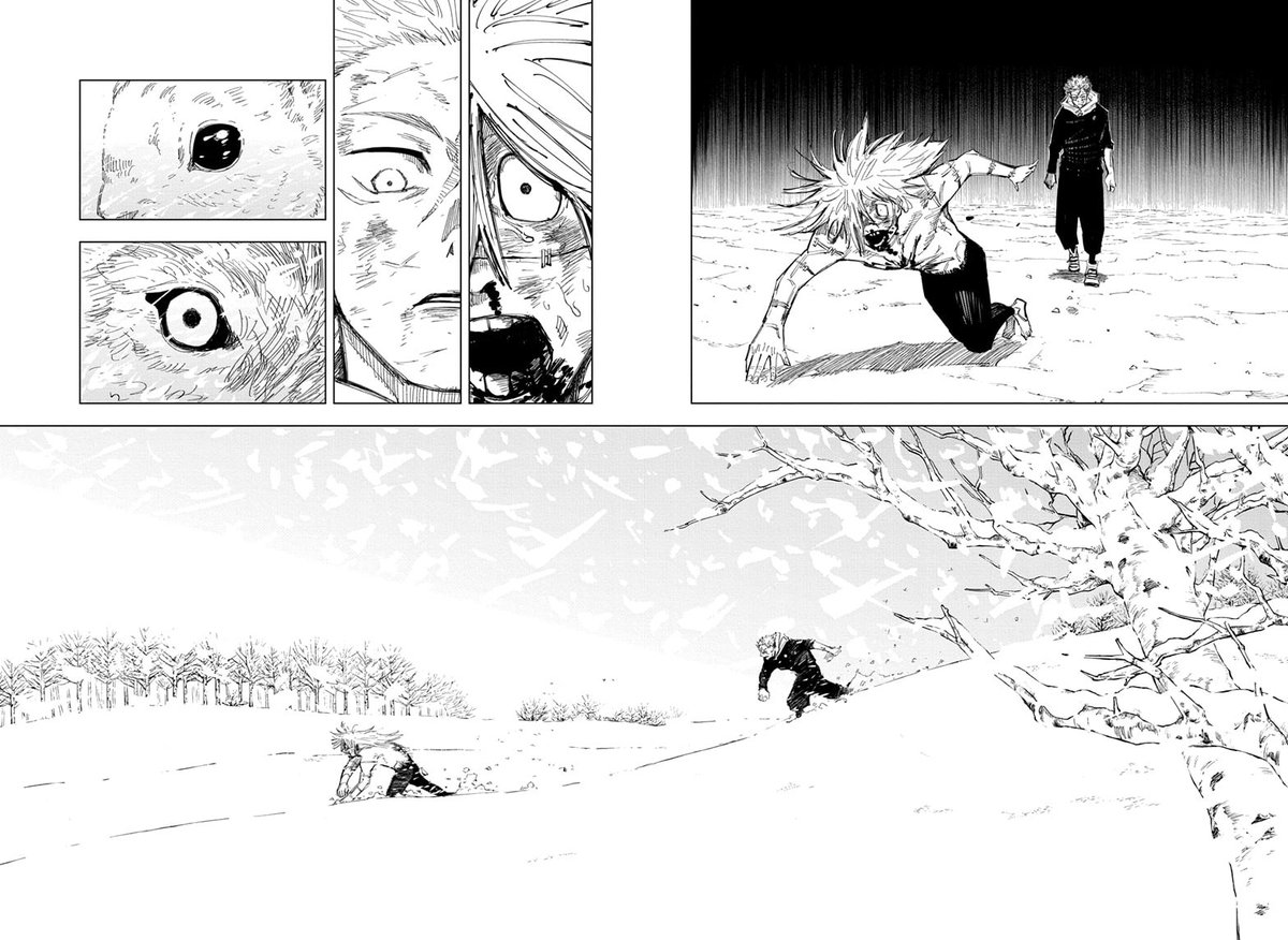this whole spread from jjk ch 132??? MASTER PIECE!
- the expressions and body language
- the "prey vs predator" eye comparison/analogy
- the negative space
- the MOOD of it

how it shifted from last few chapters of mahito being the biggest threat to itadori?

CHILLS! 