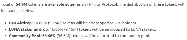 3/  $MIR tokens have been airdropped to  $UNI and  $LUNA addresses that met the requirements.Using  $BAND for oracle services.Circulating supply at launch: ~ 55mTotal supply: 370m