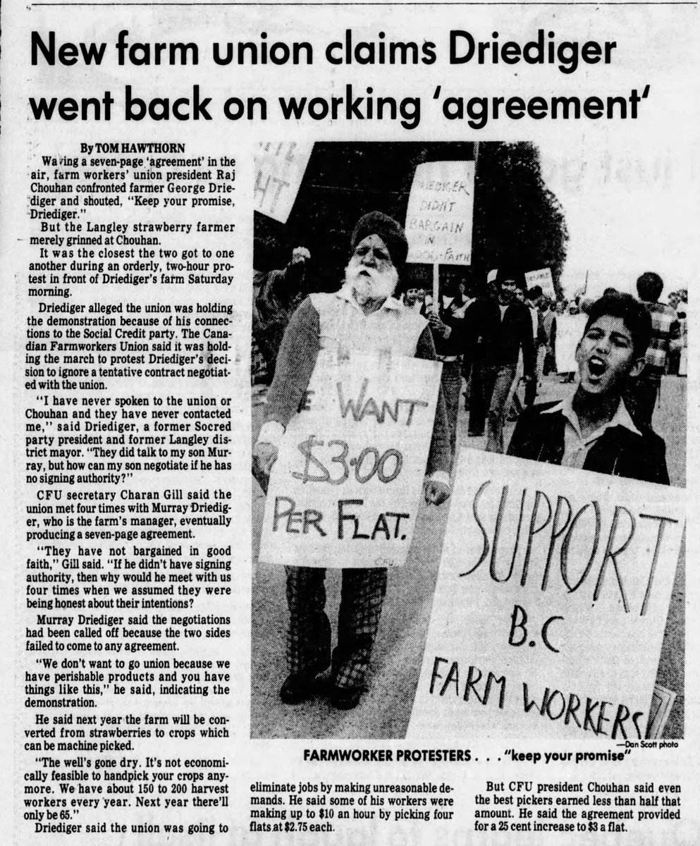 In June, the union held a protest outside a farm in Langley after they felt the owner reneged on a working agreement struck with his son, the farm's manager. The owner was active in the governing Social Credit party.