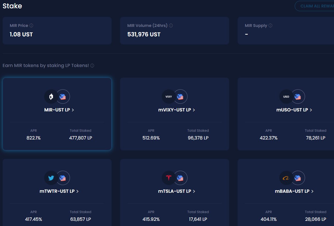 5/ You can earn  $MIR by adding liquidity and staking LP tokens.Visit their website to explore more: https://terra.mirror.finance/stake 