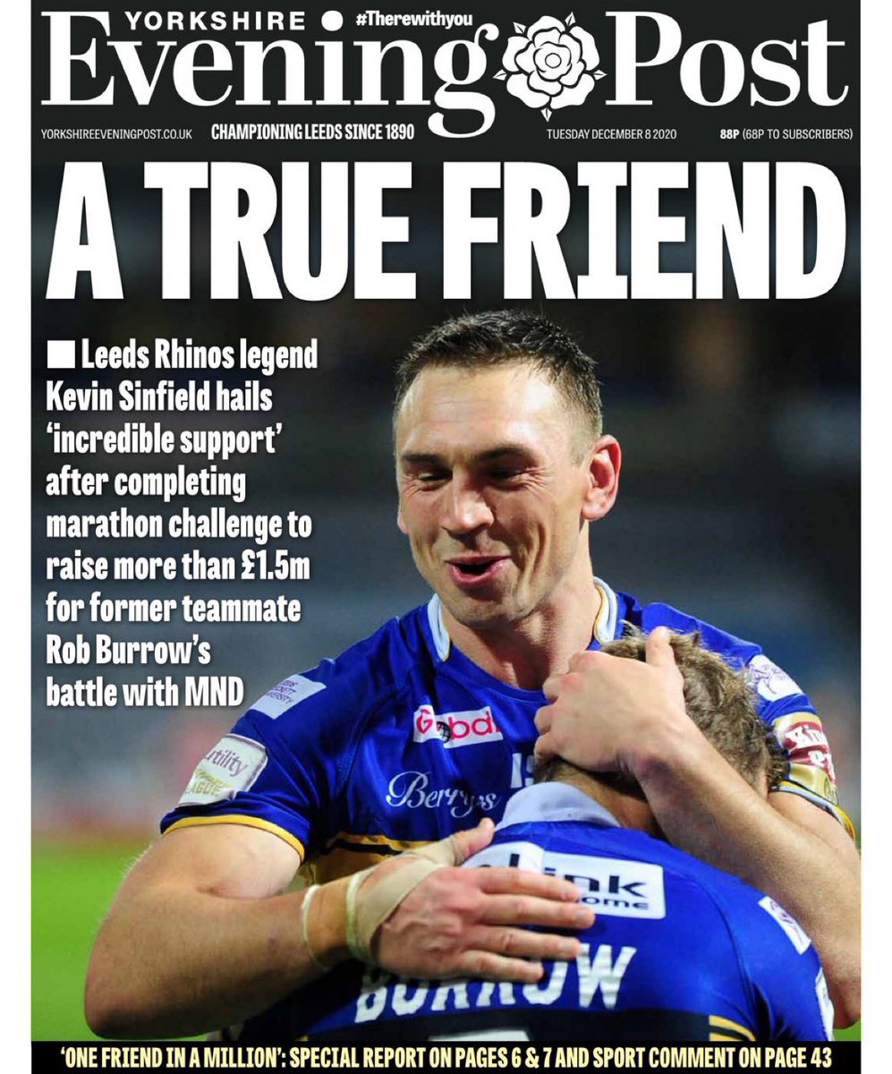 mrdanwalker's tweet photo. Gorgeous front page from tomorrow’s Yorkshire Evening Post.

Their bond is so special and Kev’s achievement has sparked so much emotion in so many. 

The power of friendship.

Kev is on the #BBCBreakfast sofa in the morning 🙌🏻

@LeedsNews @Rob7Burrow @leedsrhinos #KevinSinfield https://t.co/eqMCOeBwZX