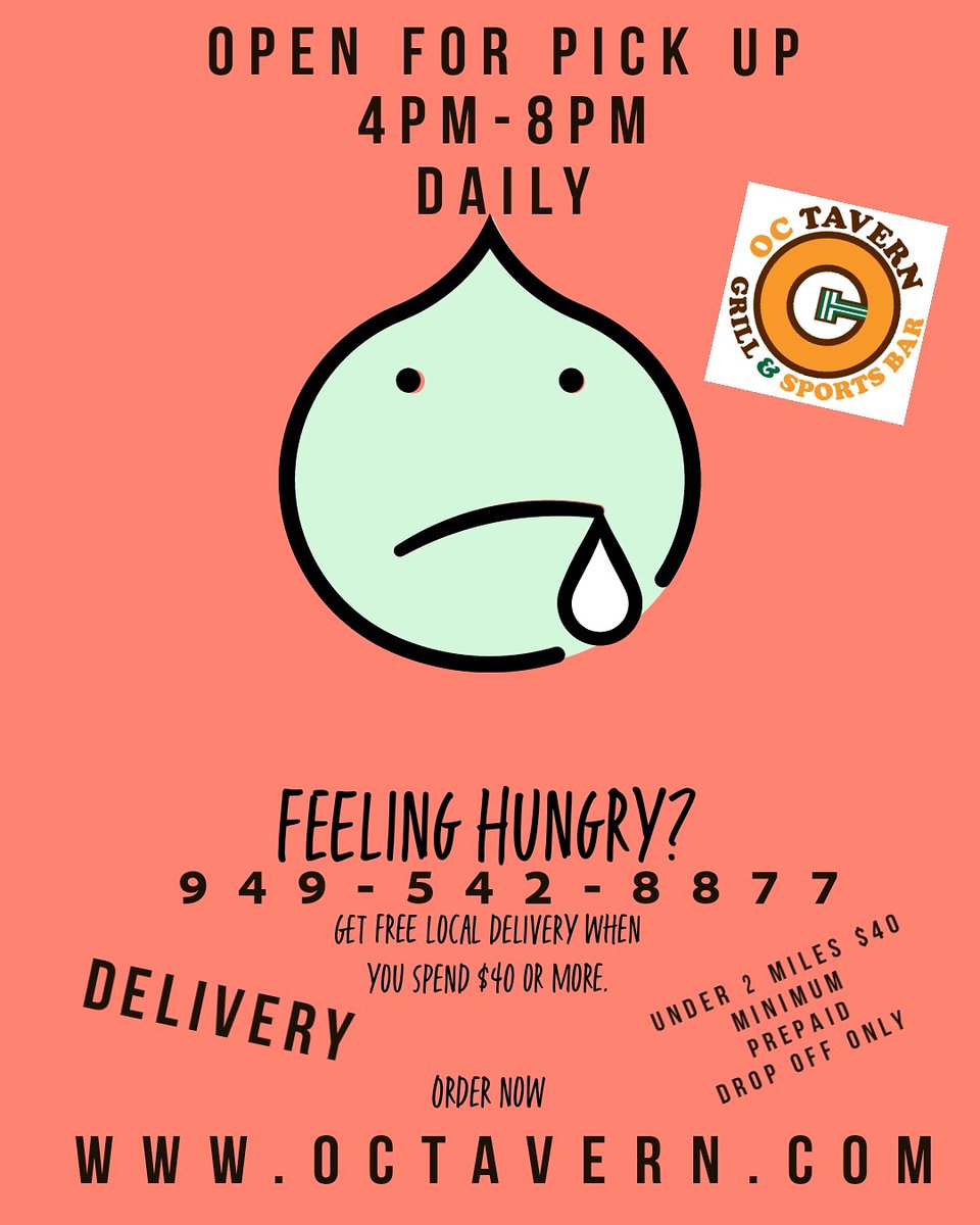 OC Tavern (@octavern) on Twitter photo OPEN for PICK UP 4-8pm DAILY - Delivery available - $40 minimum - under 2 miles, pre paid, drop off only
instagram.com/p/CIgtH1bFNe4/… OPEN for PICK UP 4-8pm DAILY - Delivery available - $40 minimum - under 2 miles, pre paid, drop off only
instagram.com/p/CIgtH1bFNe4/…