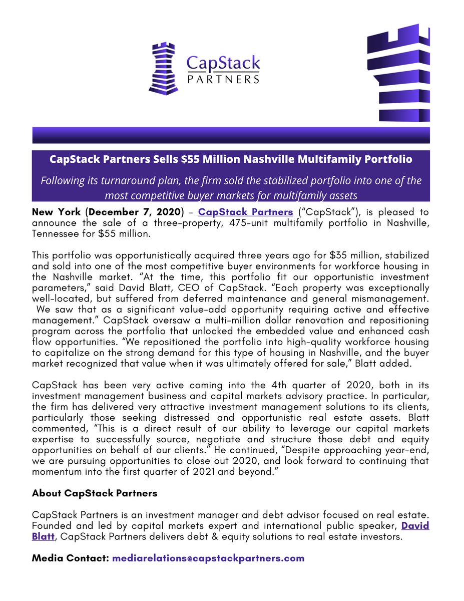 CapStackIB's tweet image. @CapStackIB  is pleased to announce the sale of a $55 million #multifamily portfolio comprising 475 #apartments in #Nashville #Tennessee