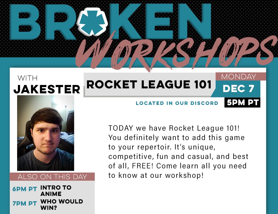 OfficialBR_KEN's tweet photo. Tonight’s workshops are Rocket League and Anime with @ImJakester and @baymaxedTV!!

Who is going to be there? https://t.co/JslUEl7VAx